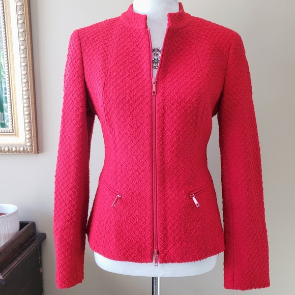 Lafayette 148 Red Tweed Two Way Zipper Blazer Virgin Wool Textured Size 6
